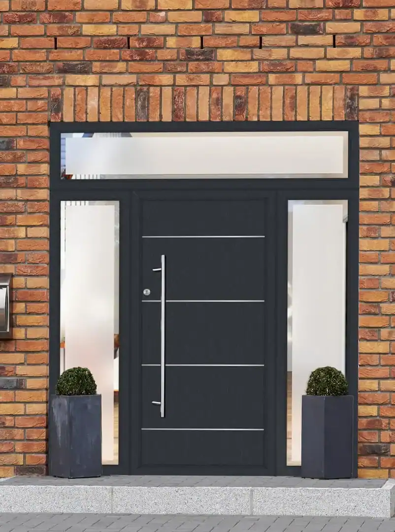 Black composite front door with glazed side panels and a top light, set in a brick entranceway.